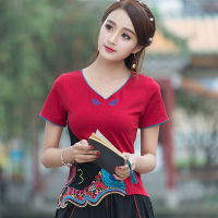 Cheongsam ผู้หญิง Hanfu Tops 2023ฤดูร้อนแฟชั่นผ้าฝ้ายผสมเย็บปักถักร้อย Splicing V คอสั้นแขนเสื้อสไตล์จีน Woman