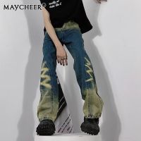 MAYCHEER กางเกงยีนส์ลูกฟูกสตรีทผู้ชายอเมริกันแบบไล่ระดับสีกางเกงขาตรงทรงหลวม