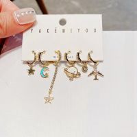 Trend Mixed Saturn Plane Moon Star Earrings Set for Women Gold Color Cubic Zirconia Dangle Earrings