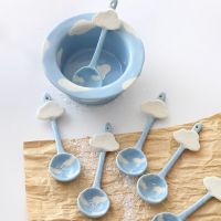 ETXCure: Blue Sky and White Clouds Breakfast Spoon Coffee Mixing Spoon Underglaze Color Fruit Salad Rice Soup Bowl