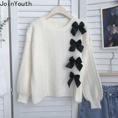 Joinyouth 3D Bow Decoration Pullover Sweater Women  Autumn O Neck Puff Sleeve Sweet Knit Top Korean Loose Outer Wear Jumper