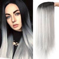 HOUYAN Long straight hair synthetic wig girl blue silver gray gradient black cosplay lolita bangs black and white wig heat-resis Wig  Hair Extensions