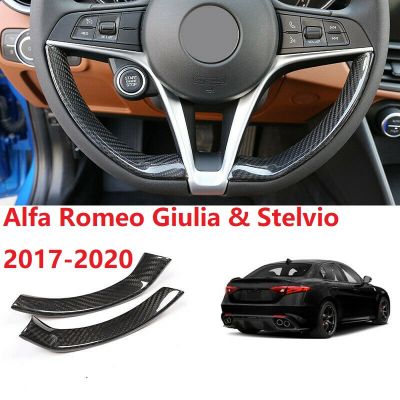 2Pcs Car Interior Steering Wheel Carbon Fiber Decorative Decor Cover Trim for Romeo Stelvio/ 2016-2018