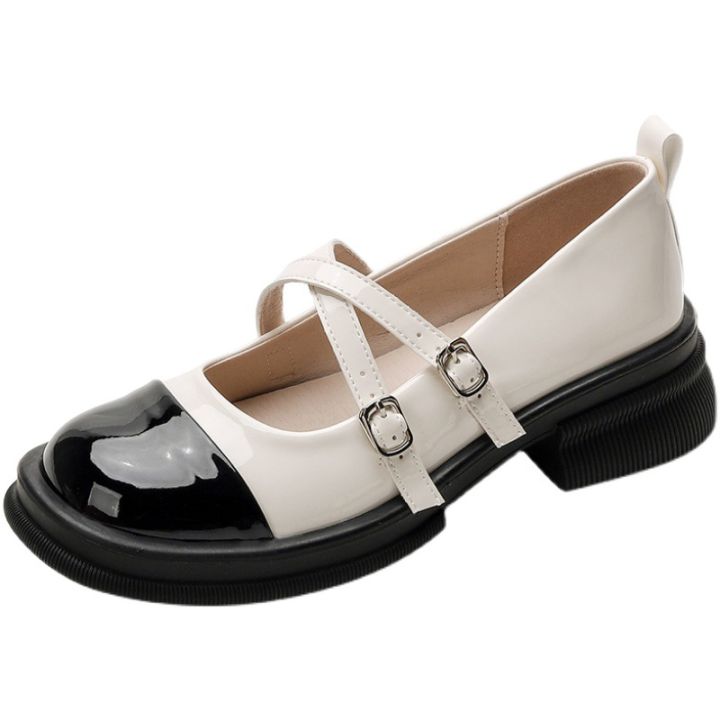 morrie-การ์เด้นรองเท้าหนังขนาดเล็กย้อนยุคหัวกลมสีเข้ากันกับหัวเข็มขัดไขว้ส้นหนาหนังแท้รองเท้า-mary-jane-รองเท้าผู้หญิง