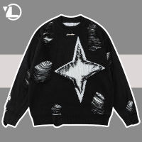 High Street ถักเสื้อกันหนาวผู้ชาย Hip Hop Vintage Star Hole Tassels Oversize Pullovers Unisex ฤดูใบไม้ร่วง R Harajuku Casual Jumper