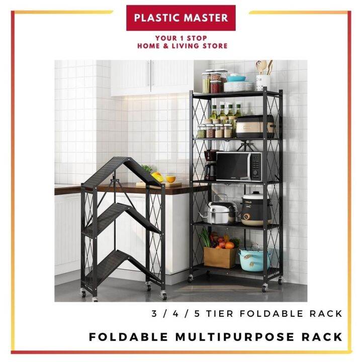 The New☾ 3 / 4 / 5 Tier Foldable Kitchen Rack Shelves with Wheels