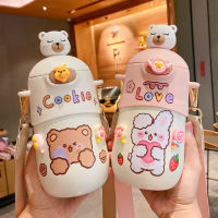 500 ML New Kawaii Bear Thermos Bottle Cute Kids Straw Water Bottle Insulated Stainless Steel Student Girls Thermal Drink Bottles