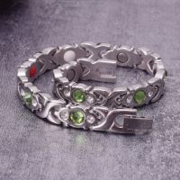 【YF】 Magnetic Bracelets for Women Green Crystals Cross Stainless Steel Bracelet Therapy Arthritis Healing Energy