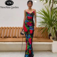 NewAsia Floral Maxi Dress Women Cowl Neck Spaghetti Strap Backless Print Beach Dresses Woman Party Night Sexy Long Dress Black