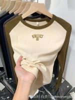 ∏✗✸ Letter embroidery contrast color splicing slim long-sleeved T-shirt top 2023 spring and autumn thread western style bottoming shirt