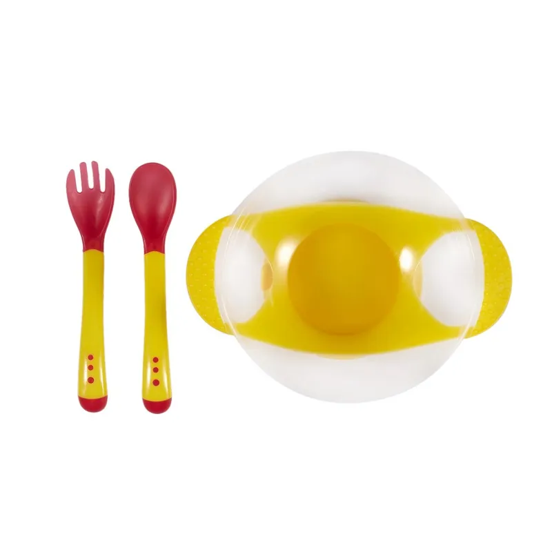 Baby Kids Feeding Suction Bowl Temperature Sensing Spoon Child Tableware Set, Yellow