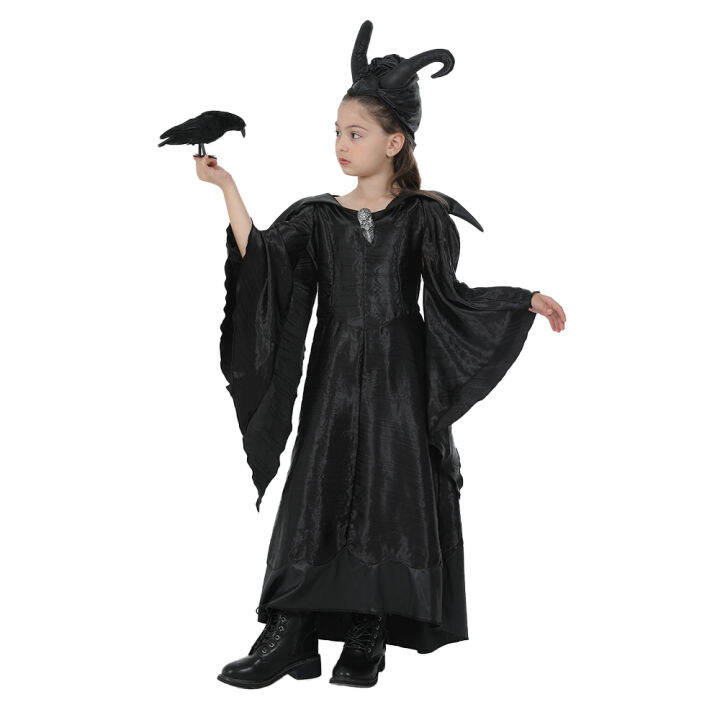 ภาพยนตร์-maleficent-สาว-ๆชุดคอสเพลย์ฮาโลวีนเด็กชุดราชินีสีดำพร้อมแตร