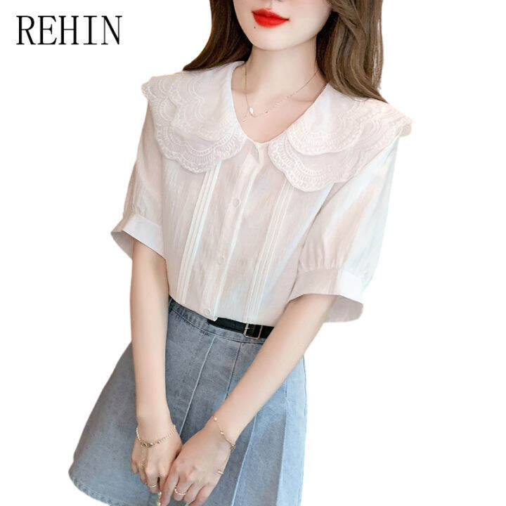 rehin-เสื้อเชิ้ตแขนสั้นสีขาวสำหรับฤดูร้อนเสื้อสตรีชีฟองคอปกขนาดใหญ่สไตล์ฝรั่งเศสดีไซน์ใหม่