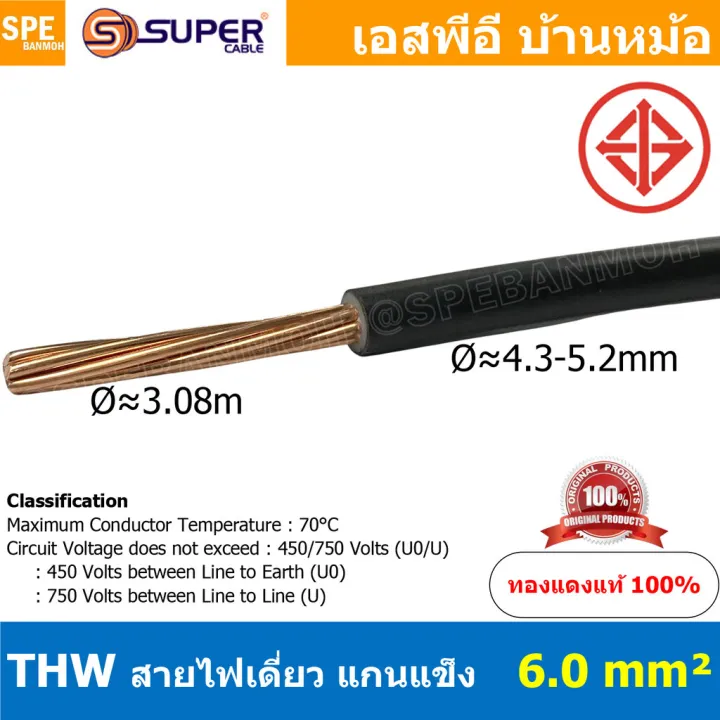 [ 2 เมตร ] สายไฟ THW 6.0 sq.mm. สีดำ Black THW Flexible Cable สายไฟแกน ...