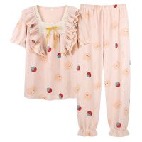 【JH】Spring Summer Fashion Pajama Set For Women Modal Cotton Pijamas Mujer Home Clothes Sleepwear Short Sleeve Pants Kawaii Nightwear