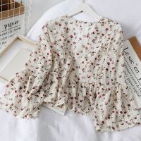 Fashion Women Floral Blouse Korean Top Chiffon Casual Printed V Neck Shirts Puff Long Sleeve Tops Womens Blouse Chiffon Long Sleeves Blouses