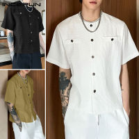 Beehoo INCERUN Mens Short Sleeve Cargo Pocket Shirts Casual Loose Fit Button Up Blouse Tee Tops (สไตล์เกาหลี)