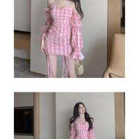 Hong Kong Style Pink Sweet Plaid Dress off-Shoulder Fairy Skirt Waist Temperament Sheath Short Skirt for Women