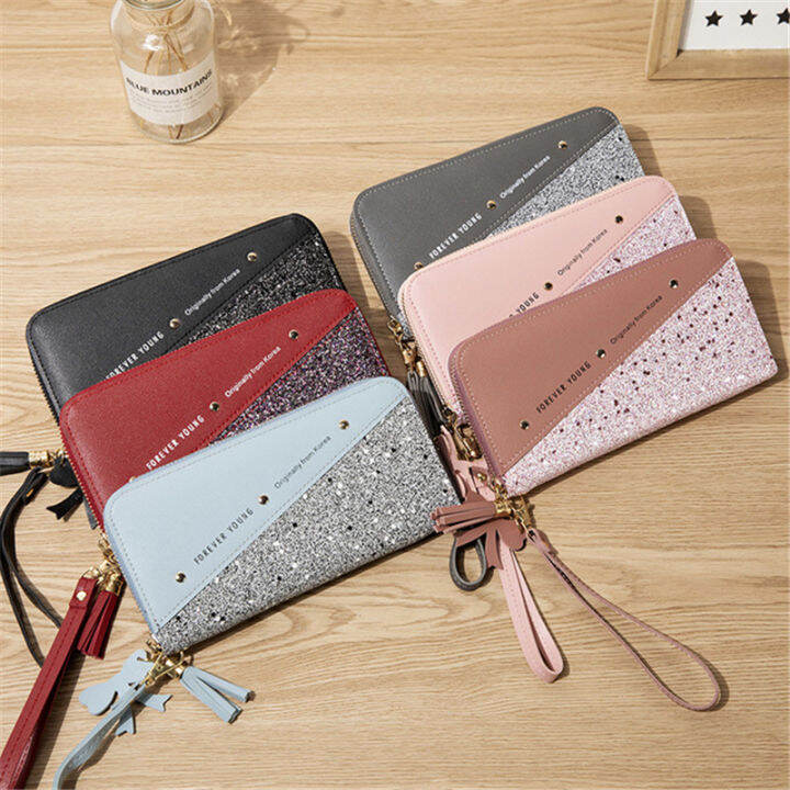 patchwork-diamonds-pu-leather-forever-young-wallet-fashionable-large-capacity-zippered-ladies-purse