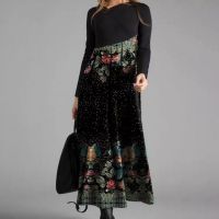 Fashion Floral Print Patchwork Dress Plus Size Women Casual Long Sleeve Midi O Neck Ladies Maxi Elegant Boho Dresse