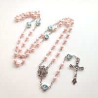 【CW】☊  Cottvott Our of Pink Beads Chain Prayer Miraculous Medal Catholic Crucifix Rosary Necklace Jewelry