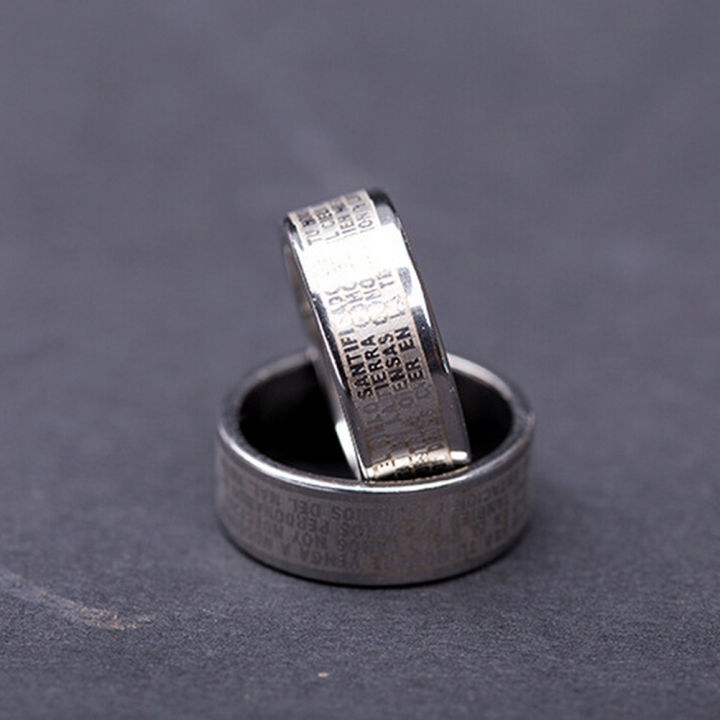 แหวนเครื่องประดับเหล็กไทเทเนียมตัวอักษรไบเบิ้ลแหวนกางเขนสำหรับผู้ชายผู้หญิง1ชิ้น