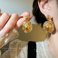 [COD] needle pleated oval earrings French retro fashion temperament design sense personality simple wholesale