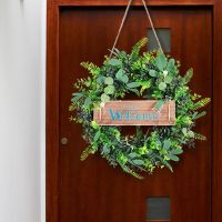 Artificial Eucalyptus Welcome Wreath - 16 Inches Wreath with Wooden Sign for Front Door Porch Decor Farmhouse Decoration