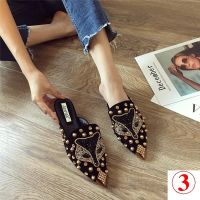 □ Fox Toe Rhinestone Slippers Women Summer Outer Wear Baotou Half European American Support Shoes Versatile Pointed Flat Mu