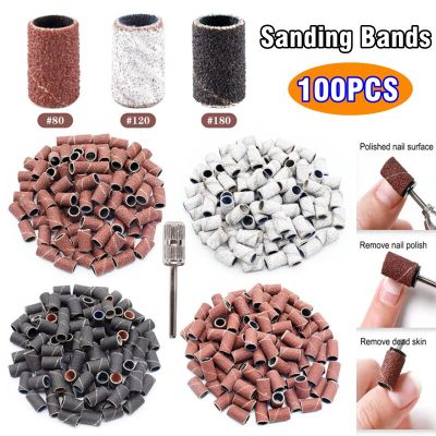 100Pcs Sanding Bands for Nail Drill 80/120/180# Coarse Fine Grit Sand Ring Set Gel Nail Polish Removal for Manicures Pedicures Cleaning Tools