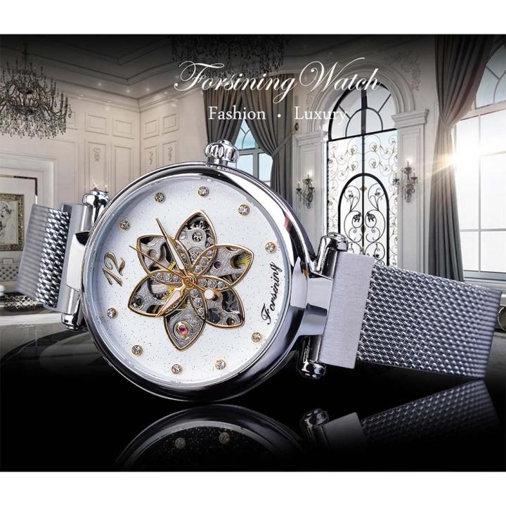 forsiling-นาฬิกาข้อมือสตรีกลกันน้ำนาฬิกาลำลองอัตโนมัติ-นาฬิกาข้อมือผู้หญิงแฟชั่นประดับเพชรแบบบางเรืองแสงผ้าตาข่ายสีเงิน