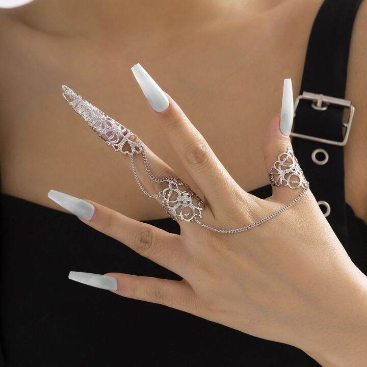 new-hollow-flower-chain-open-finger-rings-for-women-punk-two-link-ring-jewelry-party-gift-adhesives-tape