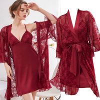 【LZ】▩  Conjunto feminino de robe twinset Borgonha quimono floral sexy de renda roupão camisola malha roupa de dormir cetim seda lingerie loungewear