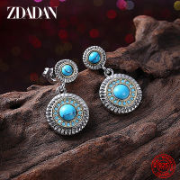 ZDADAN 925 Sterling Silver 12MM Turquoise Drop Earrings For Women Fashion Wedding Jewelry Accessories