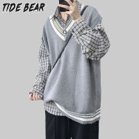 TIDE BEAR ใหม่เสื้อกันหนาวเสื้อกั๊กผู้ชายเย็บปักถักร้อยคอวีแขนกุดย้อนยุคหลวมสบายๆถักเสื้อกันหนาว