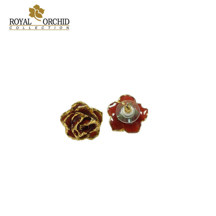 royal-orchid-ต่างหูแบบเสียบดอกกุหลาบของจริง-สีแดง-ตัดด้วยขอบทอง