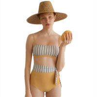 2022New Split Swimsuit Female Daily Korean Stripe Striped High Waist Thin Retro Swimsuit Bikini