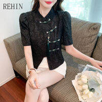 REHIN Women S Top ใหม่เกาหลีรุ่นฤดูร้อนออกแบบเสื้อแขนสั้น Bubble Sleeve Retro Jacquard Casual แบบดั้งเดิมคลาสสิก Elegan เสื้อ