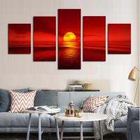 Sunset Red Sun Sea ภูมิทัศน์ธรรมชาติ-Wall Art ภาพวาดผ้าใบ-Modular 5ชิ้น-Seascape Pictures - Living Room Home Decor