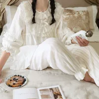 Cute Women Princess Ruffle Pajama Sets Tops+Pants.Vintage Lady White Jacquard Cloth Pyjamas Set Victorian Girls Home Sleepwear