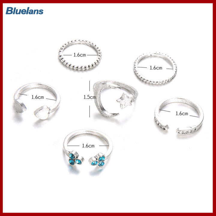 Bluelans®แหวนประดับผู้หญิงแฟชั่นชุดแหวนวงเดือน Midi เปิดดวงจันทร์ดาวหัวใจ6ชิ้น