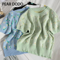 PEAR DODO เสื้อยืดถักแขนแขนสั้นคอกลมลายดอกไม้เกาหลีสำหรับผู้หญิง