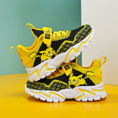 โปเกมอนเด็กการ์ตูน Pikachu รองเท้ากีฬาแฟชั่นนิเมชั่นเด็กสาวรองเท้าผ้าใบลำลองระบายอากาศแสงรองเท้าวิ่งเด็ก