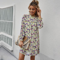 Spring Summer Loose Floral Short Dress For Women 2022 New Casual Ruffles Half High Collar Ladies A Line Oversize Print Dress