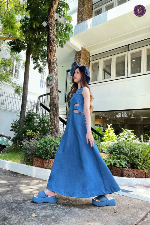 denim-land-dress-เดรสยีนส์กระโปรงยาว-เดรสยีนส์เบสิค-เดรสยีนส์เเต่งเว้าเอว