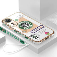 เคสเคสมือถือสำหรับ OPPO A78 5G พร้อมฟรีสายคล้อง + โลโก้ Starbucks แฟชั่นชุบขอบสี่เหลี่ยมฝาหลังนิ่ม