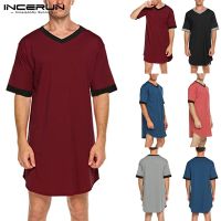 [Xiaoli clothing] INCERUN ผู้ชาย Sleep Robes แขนสั้น V คอ Nightgown Homewear สบาย Patchwork หลวม Mens เสื้อคลุมอาบน้ำ Dressing Gown S 5XL