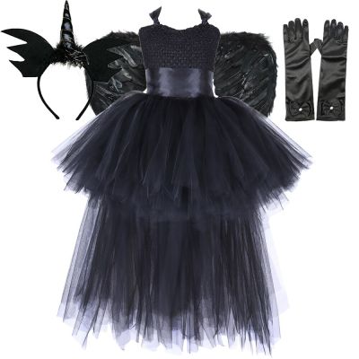 Maleficent Halloween Costumes For Girls Black Devil Angel Tutu Dress With Wings Horns Kids Evil Witch Outfit High Low Ball Gown