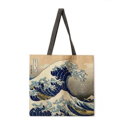 Japanese style ukiyoe print tote bag linen fabric bag casual folding shopping bag outdoor beach bag everyday handbag