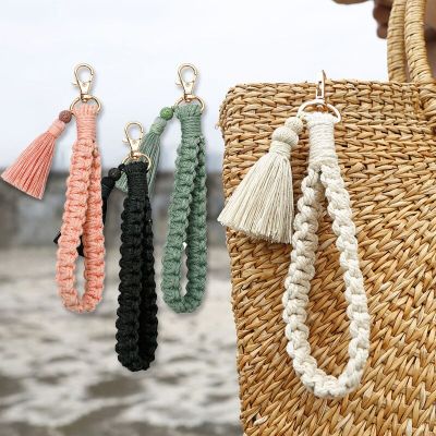 Boho Style Macrame Braided Keychain with Lobster Claw Cotton Cord Wristlet Lanyard Key Fob Strap for Women Macrame Accessory Key Chains